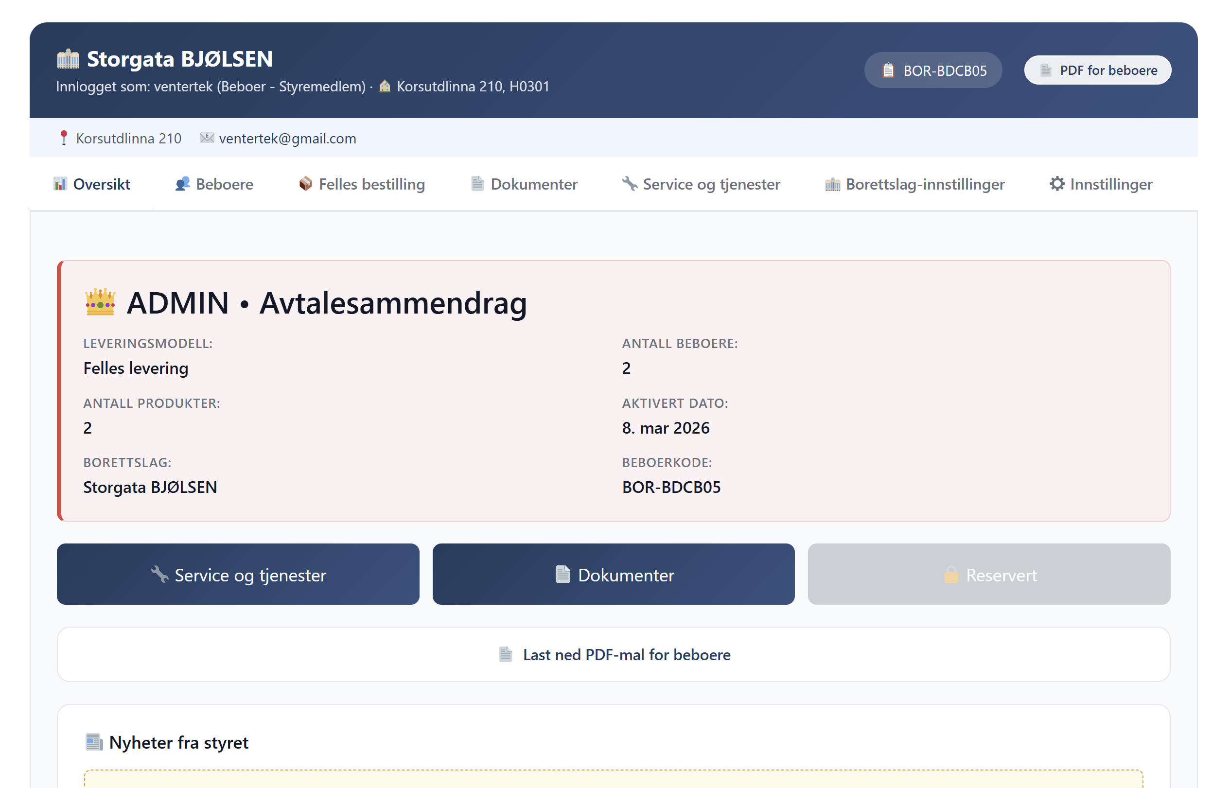 Styrets portal &mdash; oversikt over borettslagets filteravtale p&aring; Filterhjem.no